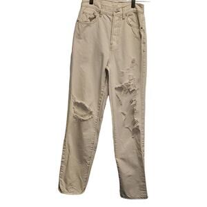 Pacsun Cream Wash Dad Jean Straight Frayed Distressed Ripped Jeans 24